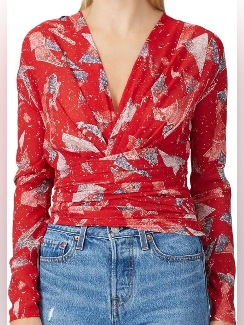 IRO Gabota Red Printed Silk Ruched Wrap Top Size 36 S